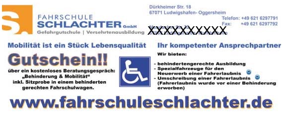 Gutschein über ein kostenloses Beratungsgespräch Behinderung und Mobilität sowie eine Sitzprobe im behinderten gerechten Fahrschulwagen